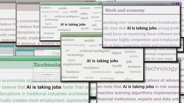 AI is taking jobs pop up windows on computer screen. Abstract concept of news titles across media. Seamless and looped display.