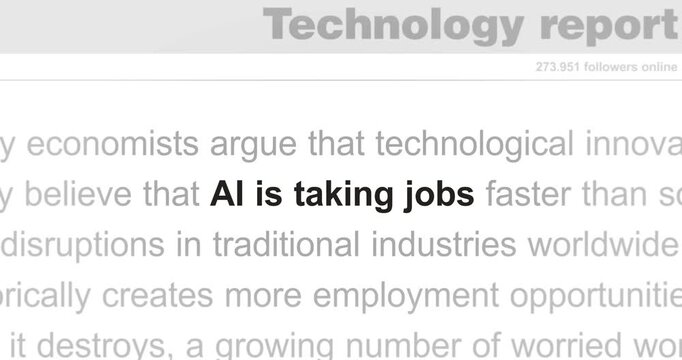 AI is taking jobs headline news across international media. Abstract concept of internet news titles on screens loop. Seamless and looped animation.