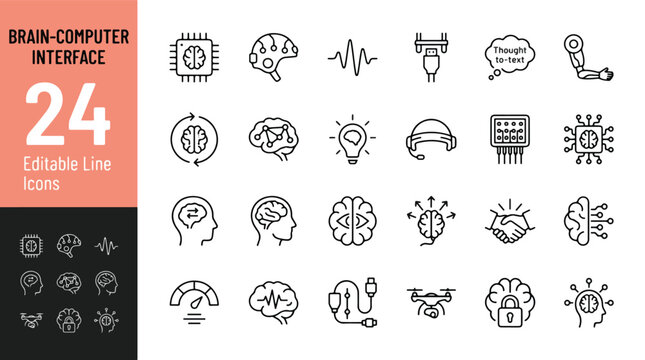 Brain-computer interface line icon set. Neural link, bionic technology, mind control, neurotechnology, medical science, biotechnology, robotic prosthesis, EEG sensors