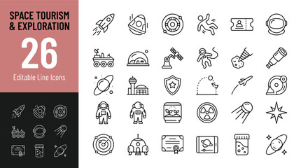 Space tourism and exploration line icon set. Rocket, astronaut, satellite, rover, planet, galaxy, science fiction, cosmos minimal vector illustration. Simple outline signs for future travel. Editable  © Jason