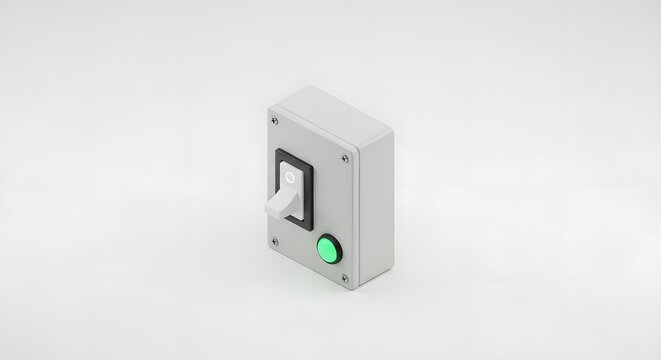 Industrial rocker switch on gray box with green indicator light