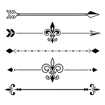 Set of decorative horizontal arrow line dividers.