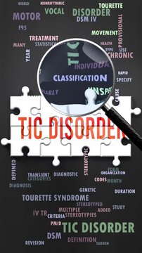 Tic Disorder under magnifying glass, being researched, studied and examined. Most important subjects and ideas related to tic disorder written around a puzzle to symbolize complexity of tic disorder.