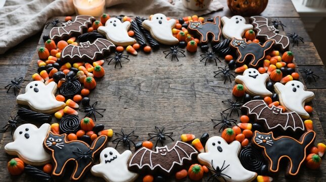 Halloween cookie wreath with ghosts bats cats and candy on wooden table