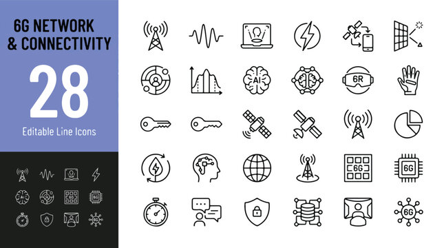 6G network and connectivity line icon set. Future technology, satellite communication, artificial intelligence, fast internet, data security, virtual reality signs. Editable stroke vector collection.