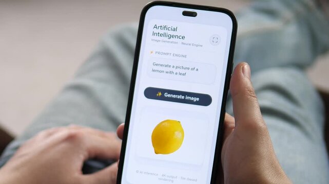 an AI image generation result on a smartphone. The interface shows the input prompt and the resulting lemon image below. Ideal for illustrating AI creativity, machine learning, and digital art