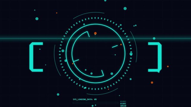 Abstract circular digital interface with futuristic hud elements and data points on dark background