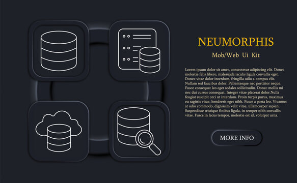 Database set icon. Server, list, cloud, search, data, storage, technology, system, information, management, network, digital, backup, query, analysis, process