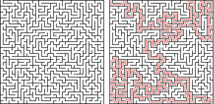 Square maze puzzle with solution, complex geometric labyrinth vector illustration for activity book, logic games and educational worksheets