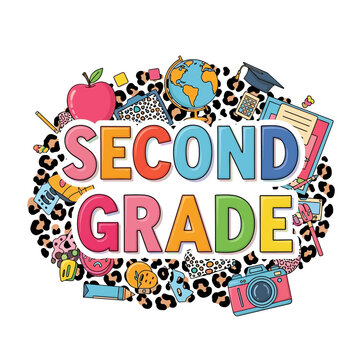 Colorful second grade clipart with leopard print and school supplies isolated on white background