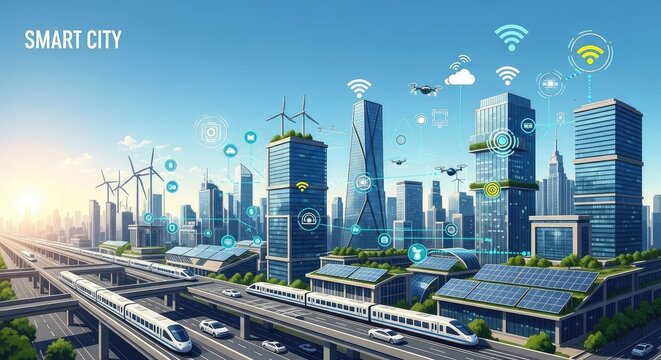 Futuristic smart city with sustainable technology and high speed trains