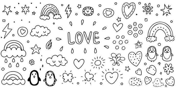 Hand Drawn Doodle Collection Featuring Stars Hearts And Rainbows