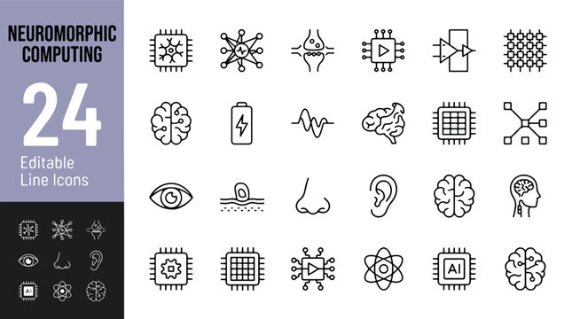 Neuromorphic computing line icon set. Artificial intelligence, neural networks, brain-inspired hardware, sensory processing, synapse, bio-inspired processor. Minimal vector illustration. Editable stro