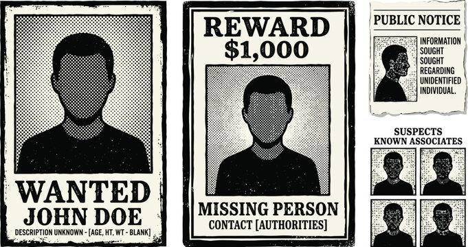 Wanted Missing Person Poster Reward Notice Black and White Vintage Style