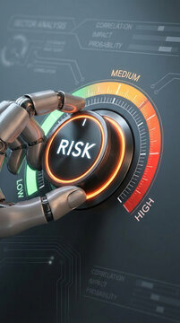 Robotic hand adjusting a risk dial, signifying control over potential dangers. Symbolizes decision-making and risk management in technology.