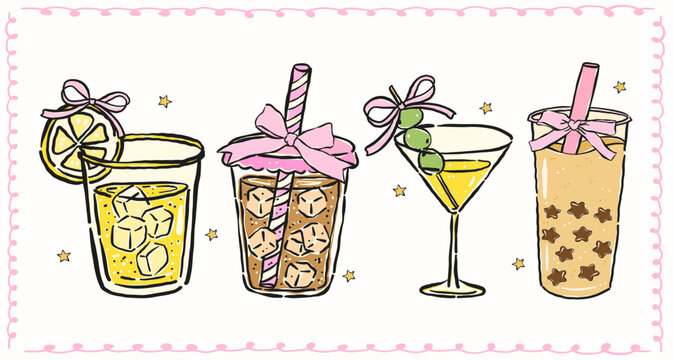 Summer drinks hand drawn set with iced coffee, lemonade, boba tea, martini, and coquette ribbon bows