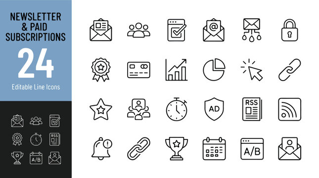 Newsletter and paid subscriptions line icon set. Email marketing, membership, subscription model, newsletter delivery, online business, payment, analytics, testing, rss feed. Simple outline signs.
