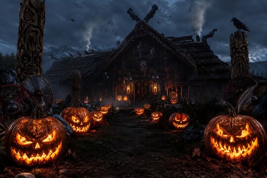 Spooky Halloween Viking longhouse with carved scary jack-o-lantern pumpkins glowing in dark night background generative AI