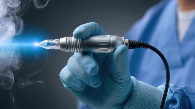Close up of hand wearing blue glove holding electric cauterizing tool with blue smoke and flame emitting from tip in medical environment