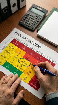 Hand holding pen over risk assessment matrix, showing evaluation of likelihood and impact, symbolizing business strategy and decision making