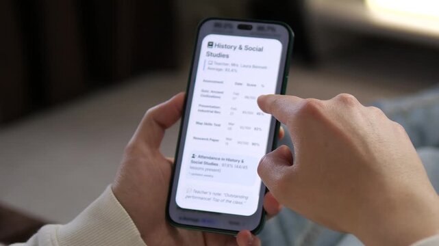 Scrolling through academic performance by subject. The user views average scores for Science, History and Social Studies, and Art and Design. Ideal for illustrating grade tracking, student progress