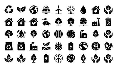 Fototapeta premium Premium ecology and recycle themed glyph solid icon set rendered in sophisticated monochrome black vector style, featuring bold filled environmental symbols such as recycling arrows, earth globes, eco