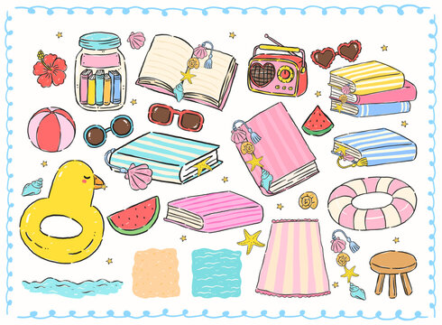 Summer reading beach bookish element set with whimsical hand drawn playful cartoon collection