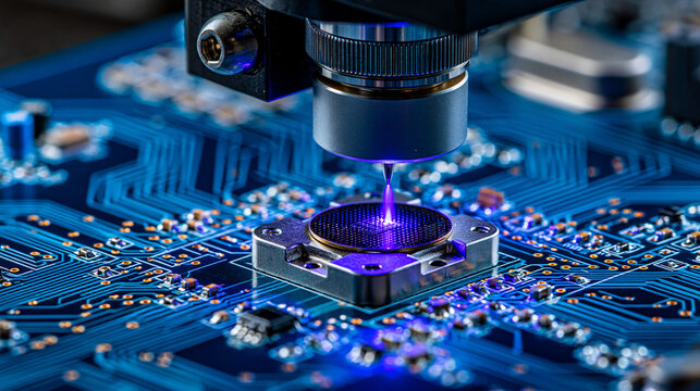 Laser Scribing on a Wafer: A high-precision laser beam precisely scribes a silicon wafer, mounted on a complex circuit board.