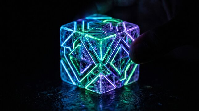 Neon lit geometric polyhedral object in dark.