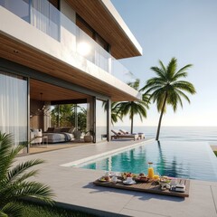 Obraz premium Modern luxury villa with pool ocean view architectural design sunny day