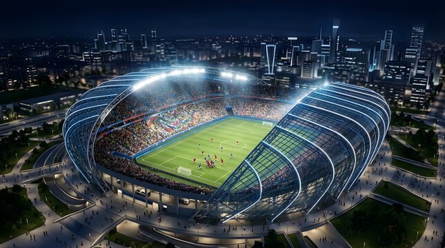 Illuminated modern soccer stadium with football match at night city
