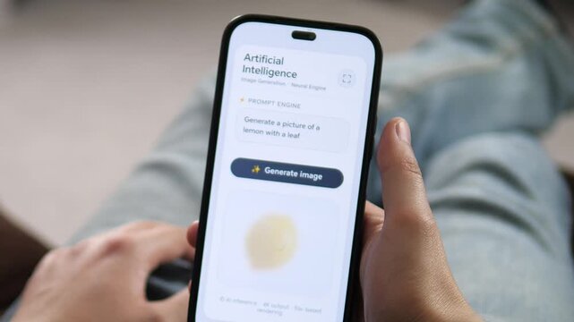 an AI image generation result on a smartphone. The interface shows the input prompt and the resulting lemon image below. Ideal for illustrating AI creativity, machine learning, and digital art.