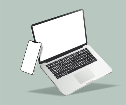 Realistic levitation laptop computer and modern smartphone mockup
