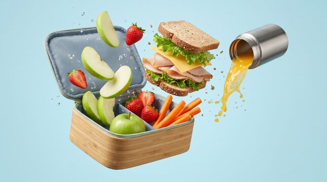 Levitating School Lunchbox with Exploding Healthy Snacks Food High Speed Stock Photo