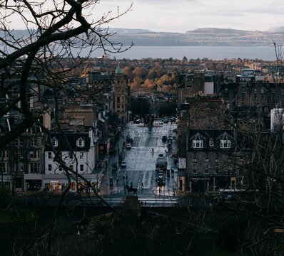 Beautiful aerial view of Greenock's waterfront in Scotland, showcasing charming residential neighborhoods