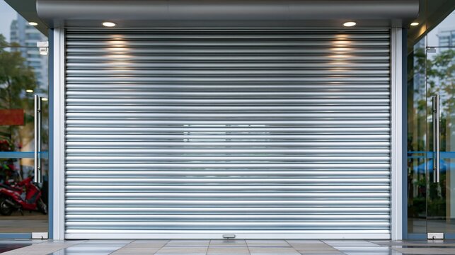 Closed silver metal roller shutter door protecting a modern shop entrance during the evening under bright warm overhead recessed lighting