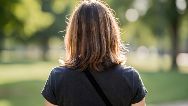 Woman with short hair walking in sunny park with green trees