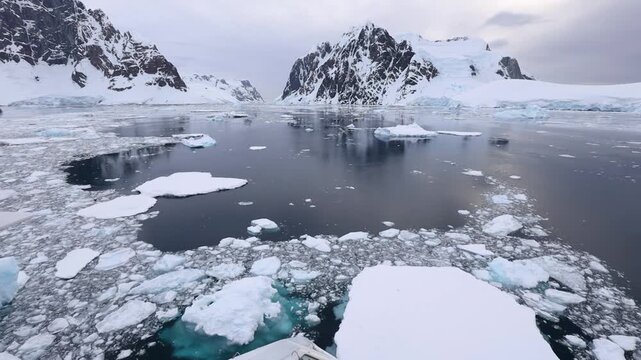 Lemaire Channel, Antarctica, showing dramatic snow-covered mountains towering over icy waters filled with floating icebergs, capturing the raw beauty of the polar wilderness.