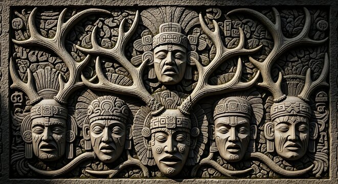 Ancient stone relief featuring tribal faces and deer antlers
