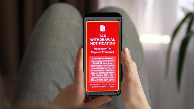 Viewing a mandatory Tax Withdrawal Notification on a smartphone. The screen displays a red alert with IRS details and a 3,059.79 dollars withdrawal. Perfect for tax compliance, government alerts, and