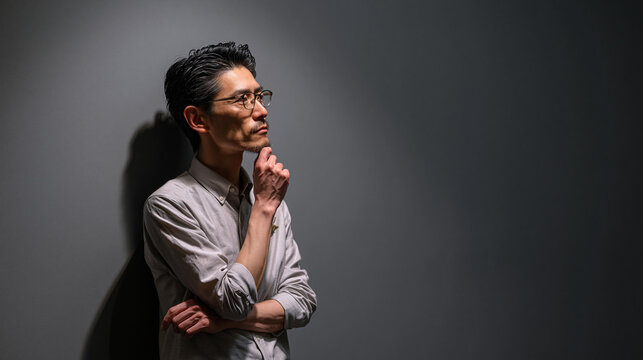 Deep Contemplation: A thoughtful middle-aged man with glasses gazes upwards, his hand on his chin, lost in deep thought against a somber, shadowed background.
