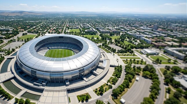 Modern circular sports stadium in city landscape aerial view