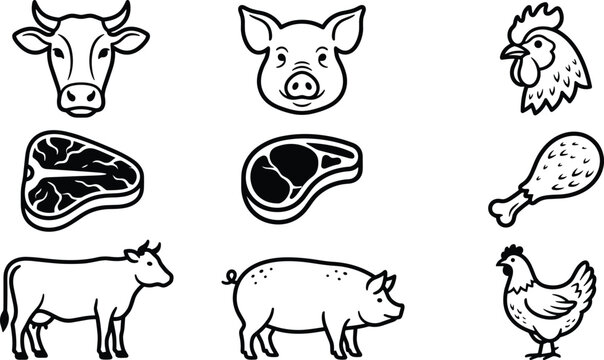Butcher shop and farm livestock meat line icon collection set featuring line art cow pig rooster t-bone steak pork chop and chicken leg isolated on white background
