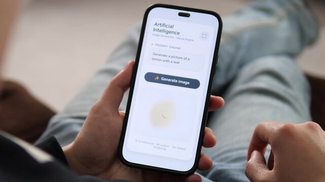 Innovative mobile software transforming text into visual art. Person creating realistic imagery using neural networks. Seamless user experience for content creators and tech enthusiasts. High-impact