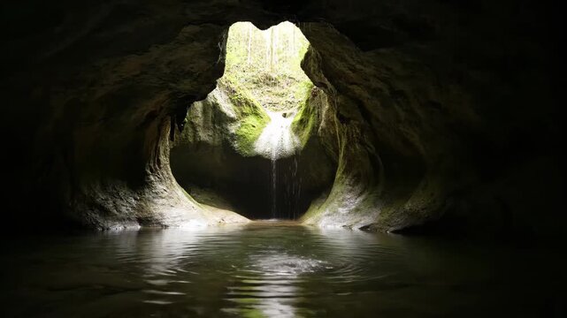 View the waterfall and water outside the cave from inside the cave, and the secret cave water scene