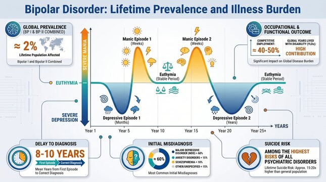 Bipolar disorder mental disease statistics chart with lifetime prevalence