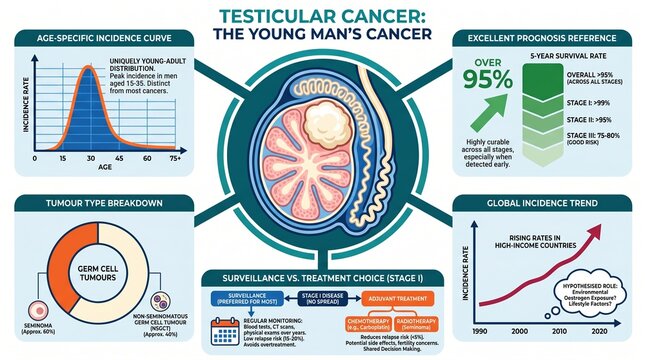 Testicular cancer disease statistics chart with young adult incidence and survival