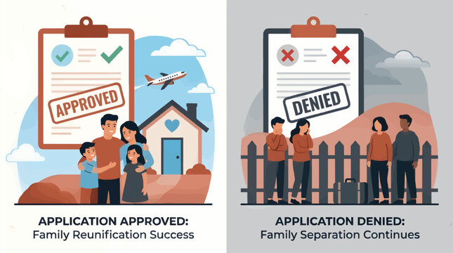 Flat Design Illustration: Approved Family Reunification vs. Denied Application, Showing Happy Family and Airplane vs. Sad Family and Suitcase