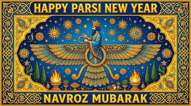 Decorative ornamental frame with illuminated ancient winged symbol and festive lettering proclaiming Happy Parsi New Year Navroz Mubarak creating a culturally rich and celebratory display