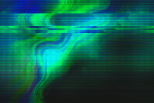 Fluid emerald and teal waves with a distinct digital grid and scanline distortion on dark background. Glitch texture complements electronic music branding and techno flyer design.